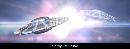 UFOs, alien spaceships close to a bright star (3d illustration banner) Stock Photo