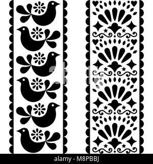 Folk art seamless pattern - Mexican style long stripes design with birds and flowers in black and white Stock Vector