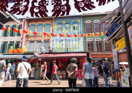 Colourful shophouses on Pagoda Street, Chinatown, Outram District, Central Area, Singapore Island (Pulau Ujong), Singapore Stock Photo