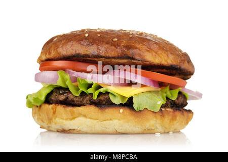 Freshly cooked hamburger with vegetables and cutlet. Home-made sandwich  isolated on white background, closeup Stock Photo