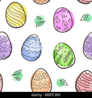 Hand drawn doodle Easter seamless pattern with eggs and watercolor blots on a white background Stock Photo