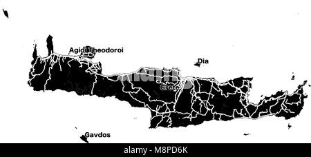 Crete Island Vector Map, black and white Silhouette Outline map for travel marketing and education. Stock Vector