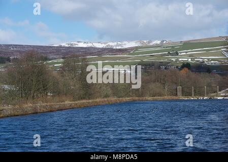 Birch Vale Reservoir with Kinder in the background. Stock Photo