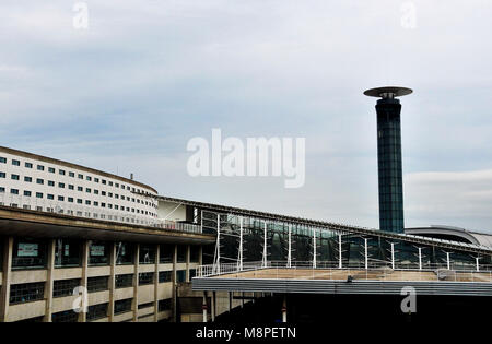 Control tower, Sheraton hotel, railway station, Roissy Charles de Gaulle airport, terminal 2, Paris, France Stock Photo