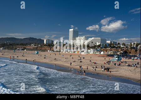 View of Santa Monica beach and downtown area from the Santa Monica pier in Los Angeles, CA Stock Photo