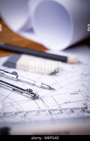 Indastrial drawing detail and several drawing tools. Technical drawings Stock Photo