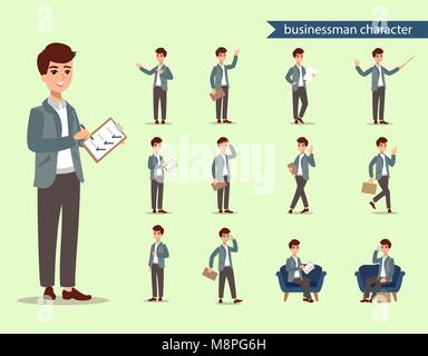 Businessman character set. Animate character. Male personage constructor. Different man postures. Vector set personage. Stock Vector