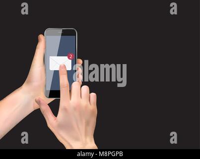 Realistic Hand holding mobile phone with email icon. Vector Illustration Stock Vector