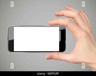 Realistic Hand holding mobile phone isolated on white background ...
