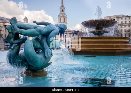 Trafalgar square in the snow, London UK Stock Photo