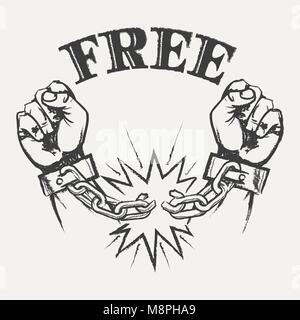 Hand drawn raised hands with broken chains and wording Free. Vector illustration in pencil sketch style. Stock Vector