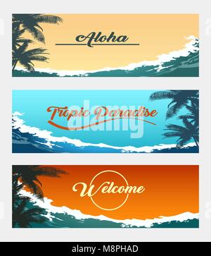 Banner set of travel colorful tropical backgrounds. Ocean waves and palm trees. Vector illustration. Stock Vector