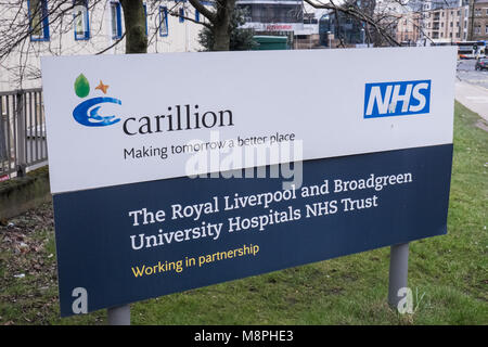 sign,signage,advertisement,for Carillion, company,now,gone,into,administration,bankrupt, building,new,Royal,Liverpool,University,Hospital,Merseyside, Stock Photo