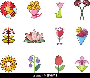 Flower icon set, cartoon style Stock Vector