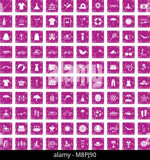 100 summer icons set grunge pink Stock Vector