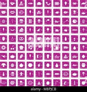 100 tasty food icons set grunge pink Stock Vector