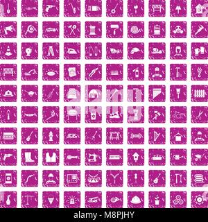 100 tools icons set grunge pink Stock Vector