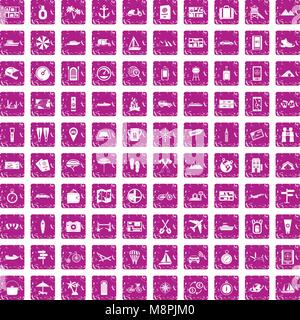100 travel icons set grunge pink Stock Vector