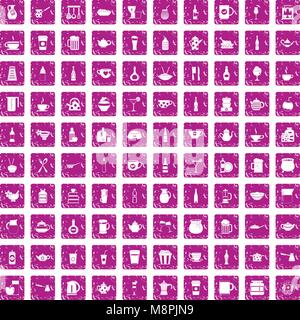 100 utensil icons set grunge pink Stock Vector