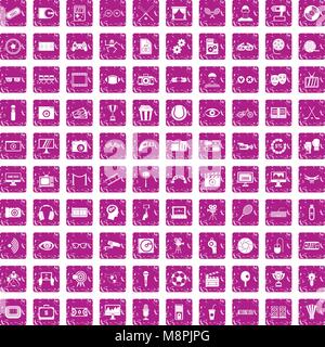 100 video icons set grunge pink Stock Vector