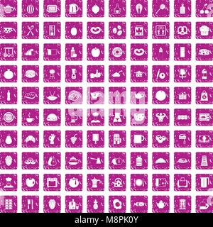100 breakfast icons set grunge pink Stock Vector