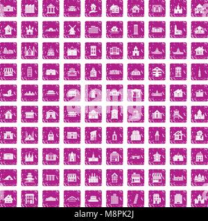 100 building icons set grunge pink Stock Vector
