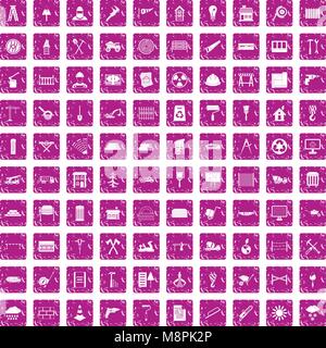100 building materials icons set grunge pink Stock Vector