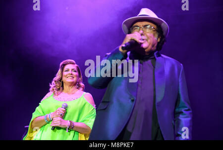 18 March 2018, Germany, Hamburg: Italian duo Al Bano (full name: Albano Carrisi) and Romina Power perform the first concert of their farewell tour at the Sporthalle venue. Photo: Daniel Reinhardt/dpa Stock Photo