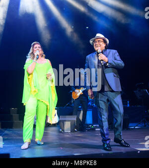 18 March 2018, Germany, Hamburg: Italian duo Al Bano (full name: Albano Carrisi) and Romina Power perform the first concert of their farewell tour at the Sporthalle venue. Photo: Daniel Reinhardt/dpa Stock Photo