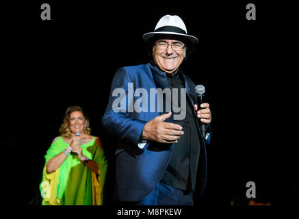 18 March 2018, Germany, Hamburg: Italian duo Al Bano (full name: Albano Carrisi) and Romina Power perform the first concert of their farewell tour at the Sporthalle venue. Photo: Daniel Reinhardt/dpa Stock Photo