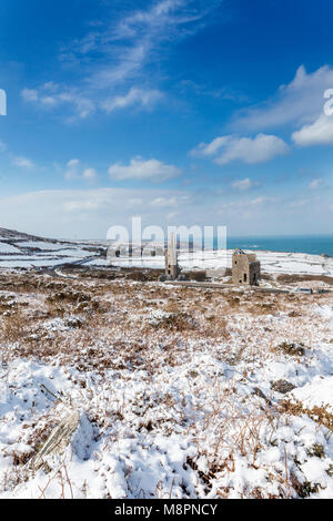 Zennor, nr St Ives, Cornwall. 19th March, 2018. UK Weather. Carn Galver mines coated by snow from the Beast 2.0 Zennor, Cornwall, UK Credit: Mike Newman/Alamy Live News Stock Photo