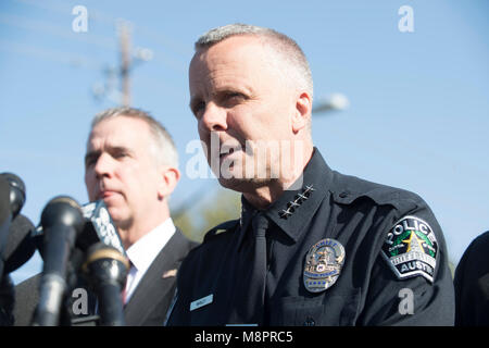 Austin, Texas, Interim Police Chief Brian Manley and ATF chief Fred Milanowski speak to press as they work at the crime scene where a fourth package bomb in three weeks exploded Sunday night on a southwest Austin roadside, injuring two men. Police say a possible 'trip wire' was used to detonate the device. Stock Photo