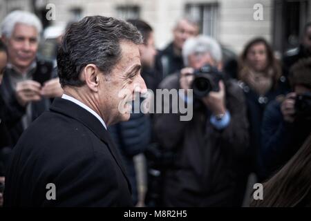 Beijing, China. 20th Mar, 2018. File photo taken on Nov. 20, 2016 shows former President Nicolas Sarkozy arriving to vote during the French right wing party 'Les Republicains' Primaries as he is running for candidacy for the 2017 Presidential Election in Paris, France. Former French President Nicolas Sarkozy was in police custody for an investigation into his election campaign financing, local media reported on March 20, 2018, quoting a judiciary official source. Credit: Hubert Lechat/Xinhua/Alamy Live News Stock Photo