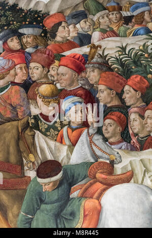 Florence. Italy. Self portrait of the artist (centre, with blue & white hat) Benozzo Gozzoli, Cappella dei Magi, Palazzo Medici Riccardi. Stock Photo