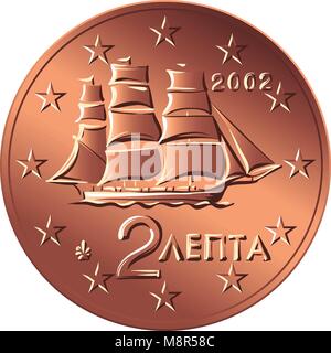 vector Greek money bronze coin two euro cent Stock Vector