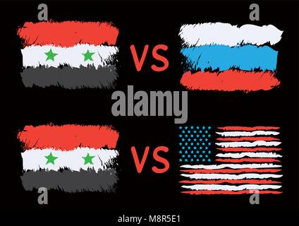 Conflict between Syria Russia USA. Rectangular drawn flags on dark black background. War illustration Stock Vector