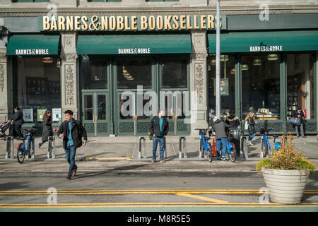 A Barnes & Noble bookstore off of Union Square in New York is seen on Tuesday, March 13, 2018. After a poor holiday season Barnes & Noble recently reported that it is laying off employees as it adjusts its business model. (Â© Richard B. Levine) Stock Photo