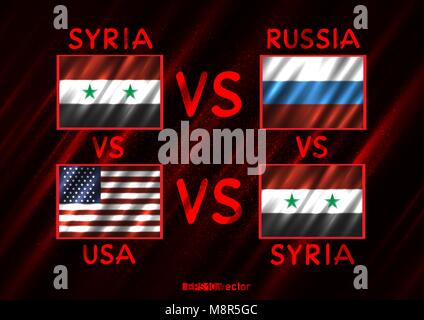 Syria Russia USA conflict. Rectangular flags on dark red background. Blood war illustration Stock Vector