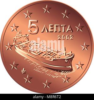 vector Greek money bronze coin five euro cent Stock Vector