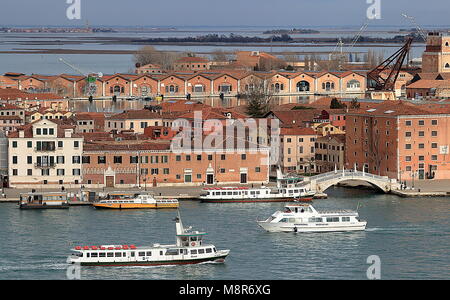 Venice, Italy - January 20, 2018. The view of Arsenale from the top of the belltower of San Giorgio Maggiore church Stock Photo