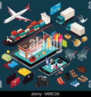 A vector illustration of Isometric of Shopping and Shipping Stock Vector