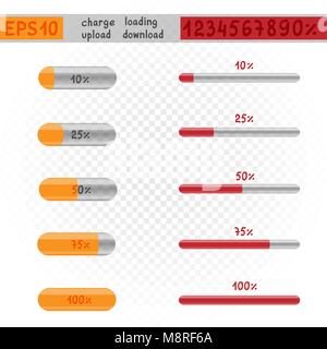 Charge loading download upload template on white transparent background. Loader progress indicator percentage set collection. Easy to edit Stock Vector