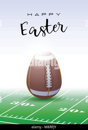 Happy Easter. Sports greeting card. A realistic Easter egg in the shape of a American Football or Rugby ball. Vector illustration.
