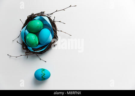 Colored blue easter eggs in twig nest. Happy easter concept. Greeting card Stock Photo
