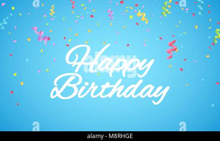 Happy birthday inscription. White paper letters on a blue background. Explosion of multicolored confetti. Festive graphic element. White text. Vector  Stock Vector