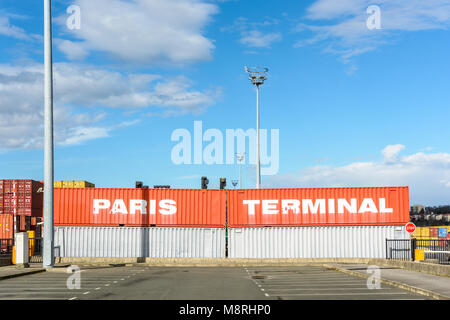 Gennevilliers, France - March 11, 2018: The company Paris Terminal runs the intermodal terminal of the Gennevilliers port, first french river port, lo Stock Photo