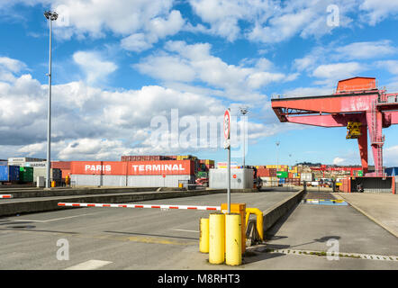 Gennevilliers, France - March 11, 2018: Main road access to the intermodal terminal run by the company Paris Terminal in the Gennevilliers port, first Stock Photo