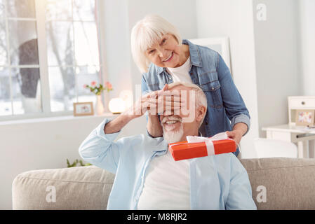 Loving wife making birthday surprise for her husband Stock Photo