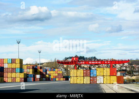 Gennevilliers, France - March 11, 2018: The shipping yard of the intermodal container terminal run by the Paris Terminal company, in the Gennevilliers Stock Photo