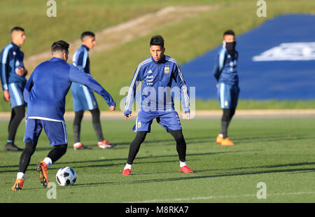 Argentina's Maximiliano Meza (centre) during a training session at the City football Academy, Manchester. PRESS ASSOCIATION Photo. Picture date: Monday March 19, 2018. See PA story soccer Argentina. Photo credit should read: Simon Cooper/PA Wire Stock Photo
